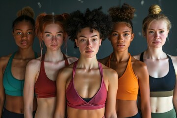 A group of women of different skin colors and body shapes wearing fitness clothes, women wearing...