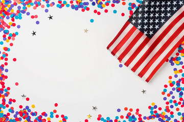 Obraz premium A creative display of the American flag surrounded by a circle of confetti, symbolizing unity and celebration for US Independence Day, all against a clean white background,