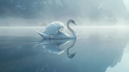 Elegant swan gliding across a glassy lake.