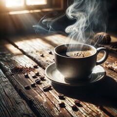 cup of coffee on wooden table - obrazy, fototapety, plakaty