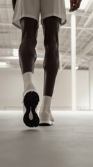 Athlete's legs captured mid-stride, the minimalist sneakers