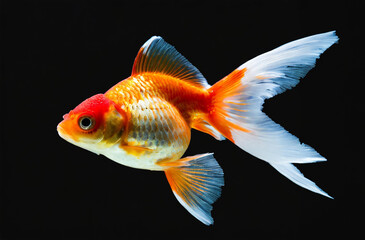 A goldfish with orange and white fins swims gracefully in a tank filled with water