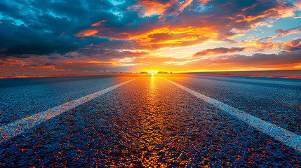 Dramatic sunrise on an empty highway, journey and travel concept with scenic view