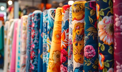 Assorted textiles rolls on display in fabric store, Generative AI