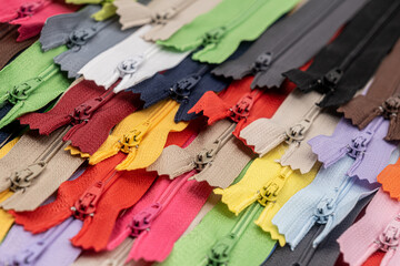 Multicolored Plastic Zippers or Zip Fasteners with sliders pattern for handmade sewing tailoring...