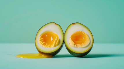Two avocados cut in half with the yolk inside, on a light  turquoise background. Minimal food concept. Web banner with empty space fot text. Digital manipulation
