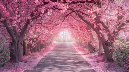 Enchanting cherry blossom tree tunnel, creating a dreamlike pathway.