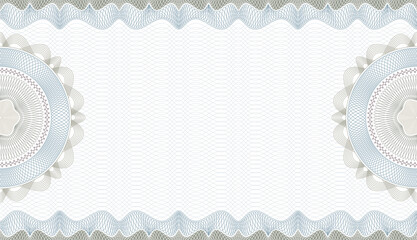 Gift certificate. Voucher with guilloche grid and pattern coupon or cheque template with guilloche border and rosette. Watermark security editable stroke vector paths