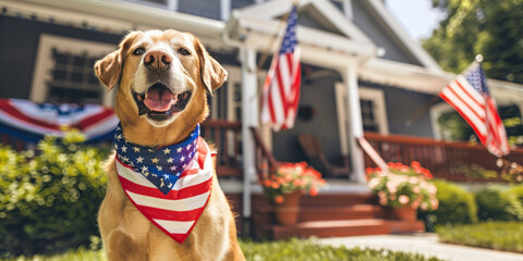 A dog wearing an American flag bandana with festive decorations in the background. Celebrating the Independence Day of the USA.