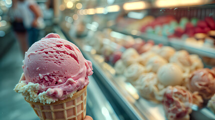 A hand holds a strawberry ice cream cone in front of an ice cream display case