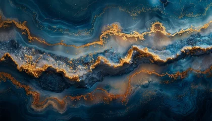 Fotobehang "Abstract blue and gold watercolor marble background with thick texture." © Pachara