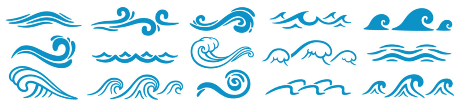 Blue ocean waves. Abstract sea silhouette wave icon. Marine decorative splashes, spray, splatter water sign. Tsunami, nautical tide, storm and weather on ocean. Vector set