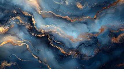 Abstract background with blue and gold watercolor marble effect.