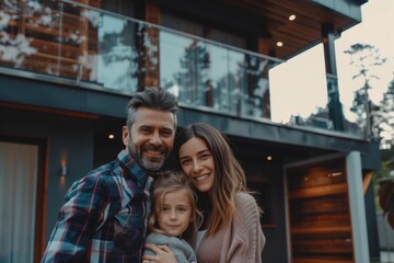 Fototapeta premium Happy family standing near modern house smiling at camera.
