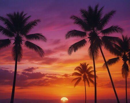 The image captures a breathtaking tropical sunset. Vibrant hues of orange, purple, and pink illuminate the sky, with silhouettes of palm trees adding to the ambiance.
