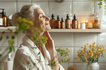 Adult woman taking care of her facial skin in a light-colored bathroom.Natural organic cosmetics,organic cosmetics,eco drkjlbny,self-care,wellness,mental health,organic cosmetics testhetics.