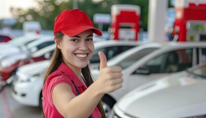 A cheerful young woman in red attire gives thumbs up while refueling her car at a gas station, Industrial fueling, Positive gesture, Automotive concept - obrazy, fototapety, plakaty