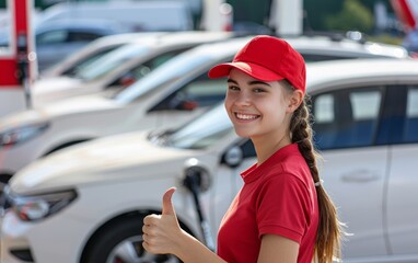 A cheerful young woman in a red cap and shirt gives a thumbs up while fueling her car at a gas station, Fueling car, Industrial concept, Positive gesture - obrazy, fototapety, plakaty