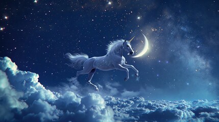 Mystical unicorn galloping across a starlit sky, its mane glittering like diamonds, under a crescent moon , isolated background - obrazy, fototapety, plakaty