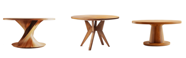 Brown, light brown wooden round dining table. Modern designer, dining table