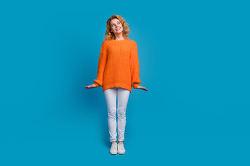 Full length photo of adorable dreamy pretty woman wear stylish orange outfit look empty space...