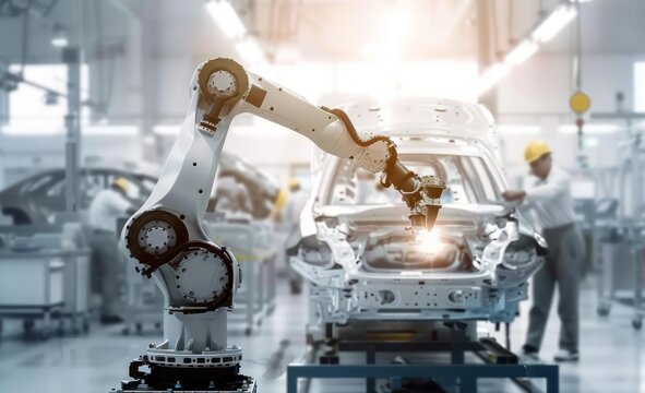 A robotic arm constructs cars in a factory, Automation, Manufacturing, Industrial concept