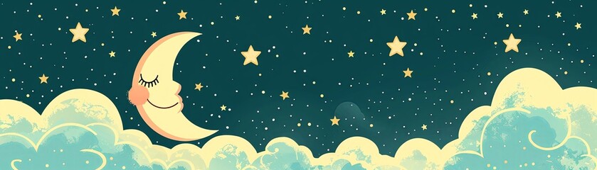 Fototapeta na wymiar Crescent moon and cloud with rosy cheeks, starlit sky, closeup, sweet illustration , isolated background