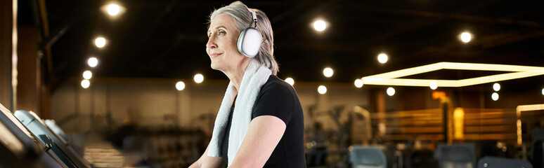 senior cheerful woman with gray hair and headphones exercising on treadmill in gym, banner