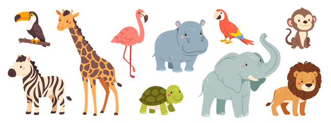 Cute jungle animals. Cartoon African wild mammals. Funny lion, zebra, happy elephant, monkey, nice hippo, toucan and parrot birds. Kids safari animal. Vector set