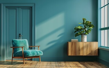 3D rendering of a modern interior design with a blue wall and wooden floor, a retro armchair near a...