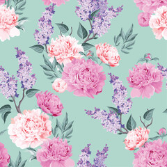Peonies and lilac seamless background