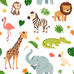Jungle animals pattern. Funny cartoon seamless background with cute wild lion, funny monkey on liana, happy parrot and zebra. Safari wallpaper. Kids summer design, vector print - obrazy, fototapety, plakaty