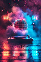 Disco Ball and a dj Turntable at the disco