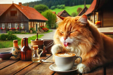 A big red cat sits at a wooden rustic table with a cup of coffee.