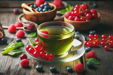 Green tea in a clear cup with mint and berries. Raspberries, blueberries and currants. On a rustic wooden table
