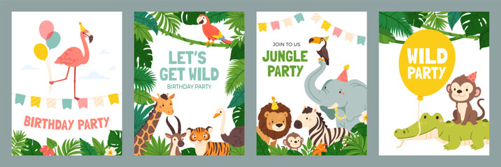 Fototapeta premium Invitation card with animals. Cute poster with baby jungle animal. Funny birthday invite template with wild lion, elephant, monkey, zebra. Kids backgrounds for holiday. Vector set