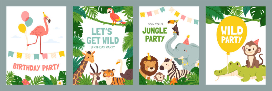 Invitation card with animals. Cute poster with baby jungle animal. Funny birthday invite template with wild lion, elephant, monkey, zebra. Kids backgrounds for holiday. Vector set
