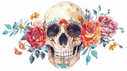 The skull of a human being embellished with flowers. A festive watercolor illustration of the mask of a human being. Day of the dead clipart isolated on white.