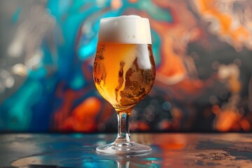 Refreshing beer glass with foamy head on table, solitary drink, cool and inviting, in a bright setting