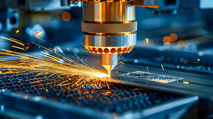 Dynamic image of industrial laser cutting technology in action, emitting sparks and flames against a dark backdrop