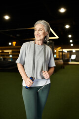 joyful senior appealing woman in sportswear posing with skipping rope in gym and looking away