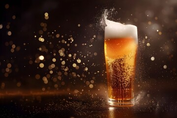 A single spot radiates a warm glow inside a glass full of chilled beer. Its foamy head was also filled with condensation. Create a calm atmosphere in a dimly lit bar.