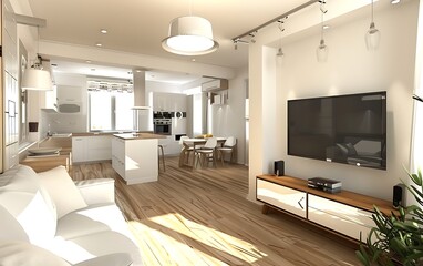 Fototapeta na wymiar 3D rendering of a modern living room interior with a TV and white kitchen, wooden floor