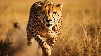 Graceful cheetah sprinting through the African plains.
