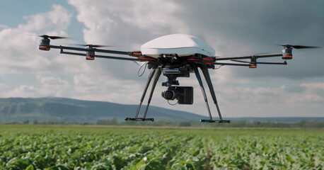 A drone in mid-flight with its propellers spinning. It’s flying over an agricultural field where crops are beginning to sprout; the field is organized in neat rows.