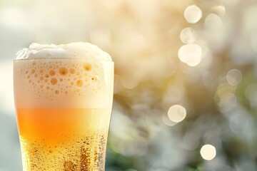 Glass of beer with foam on the background, refreshing drink, cold beer, solo drink, fresh beer, bright light, bar, golden foam, liquid, yellow color, pub, close-up, isolated