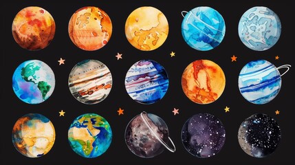 Isolated solar system planets, asteroids, and stars on black background. Watercolor illustration. - obrazy, fototapety, plakaty