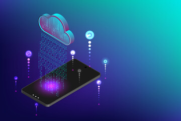 Hi-tech abstract background of cloud computing concept. Technology Connecting to cloud computing, downloading and uploading data on mobile device. Abstract 3d isometric vector illustration. - 777161356