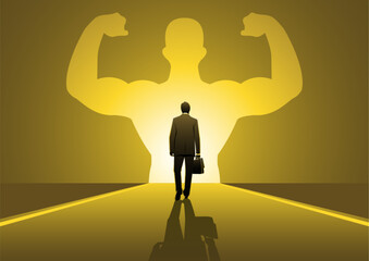 businessman walking towards a strong hero vision confidence concept