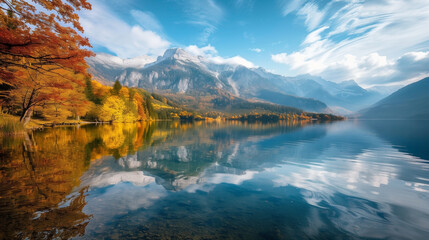 Fototapeta na wymiar Crisp autumn air and vibrant fall foliage frame a serene alpine lake, reflecting the majesty of the surrounding mountains in its mirror-like waters